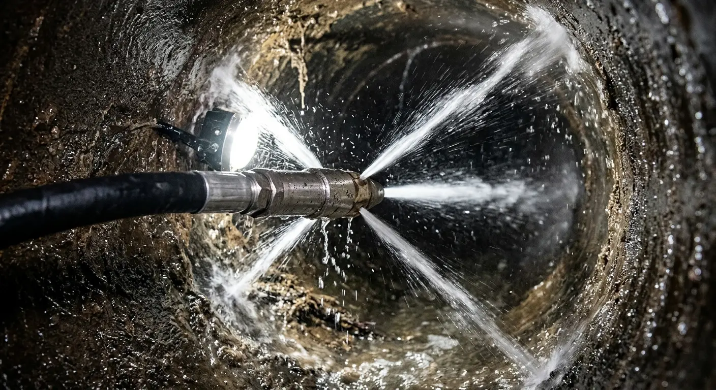 High-pressure hydro jetting nozzle cleaning sewer pipe for Trenchless Sewer Repair in Upper Gwynedd