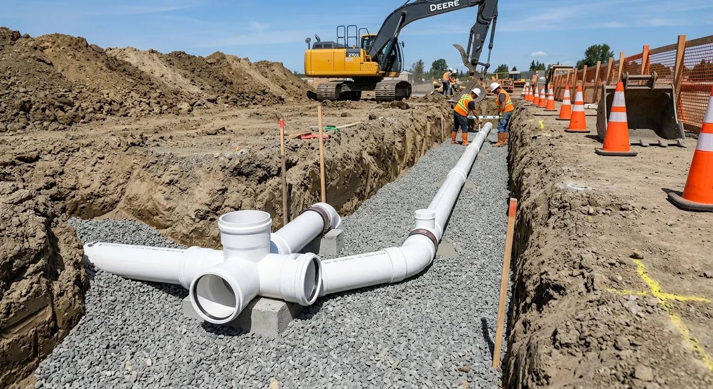 New PVC sewer pipe installation in open trench for Commercial Drain Cleaning in Upper Gwynedd