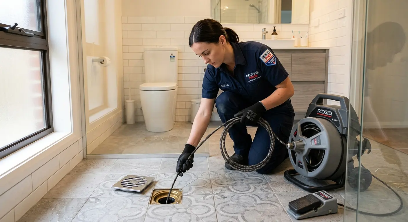Technician clearing a bathroom floor drain for Sewer Line Replacement in Upper Gwynedd